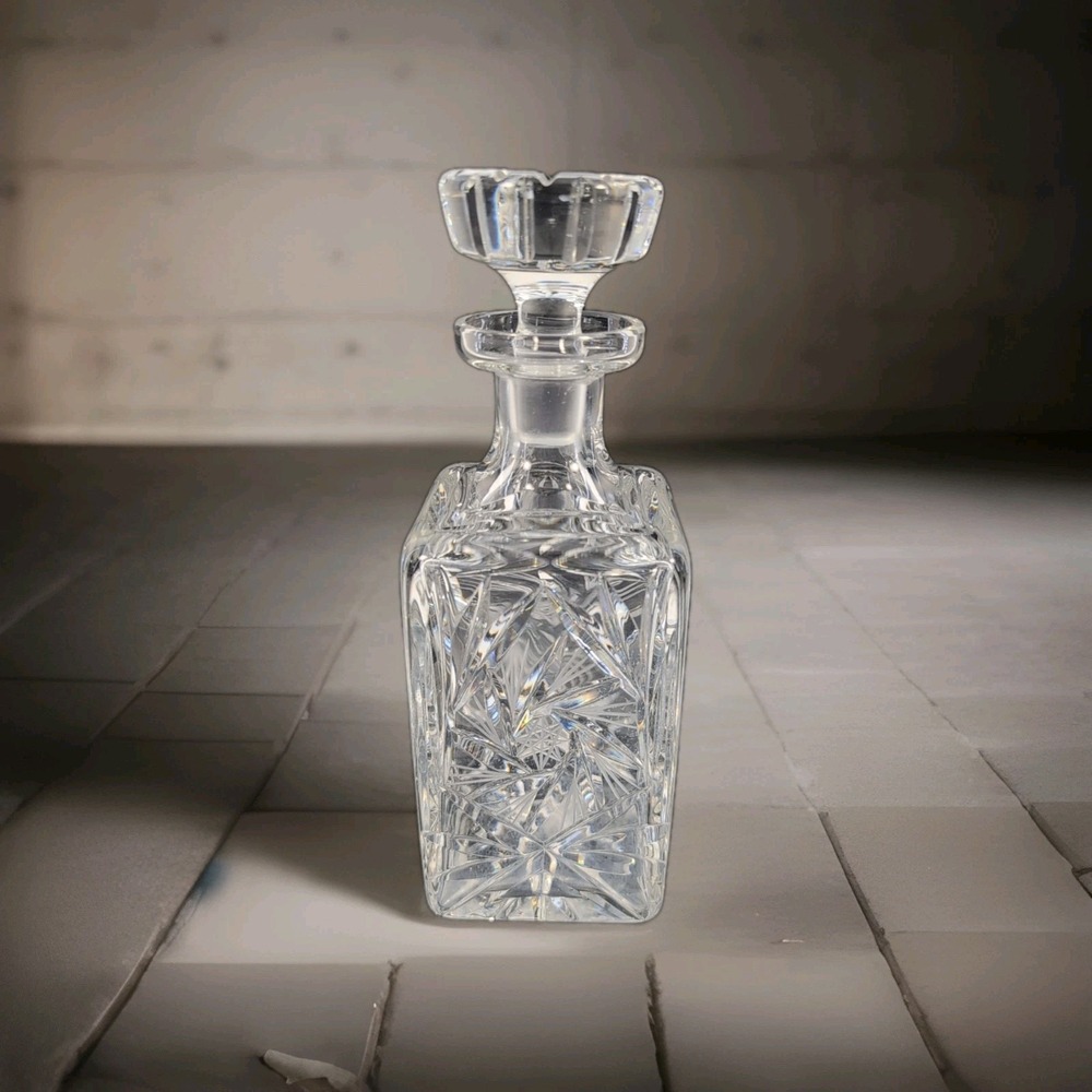 Vintage Pinwheel Bohemia Crystal Clear Square Decanter with Stopper 8.5"
